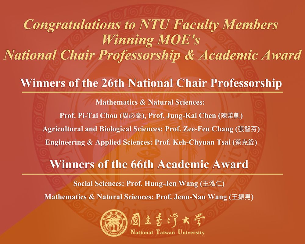 NTU Faculty Awarded National Chair Professorships and Academic Awards-封面圖